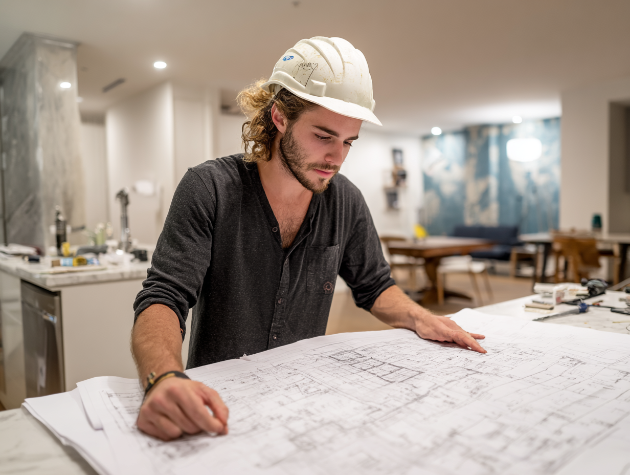 Soundproofing engineer reviewing architectural blueprints in a modern workspace.
